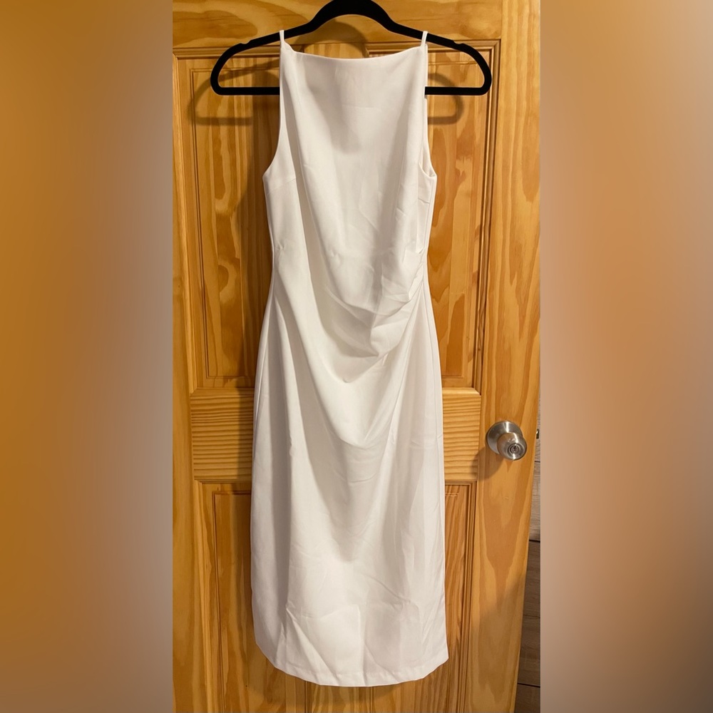 White dress classy upscale trendy work casual midi thick material opaque summer